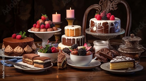 A set of gourmet cakes and pastries arranged on a table, photo