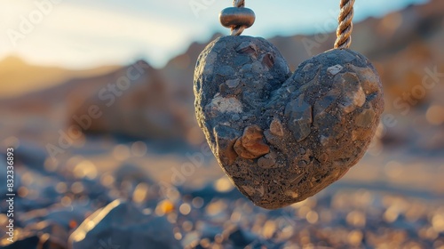 Three dimensional heart made of stones hanging delicately selective focus, carrying the weight, surreal, Silhouette, desert backdrop