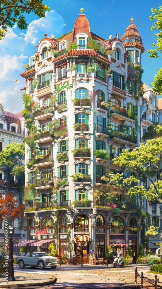 Obraz premium a city residence adorned with a traditional facade and ornate decorative balconies, transporting viewers to the heart of Spain's vibrant streets.