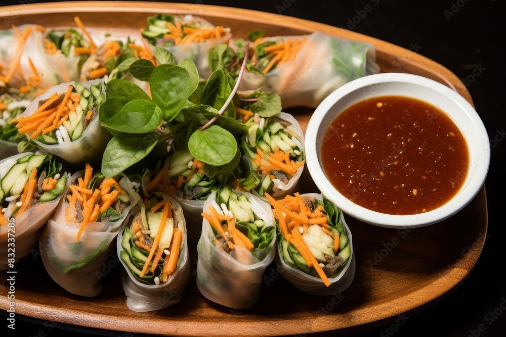 Fototapeta premium Another closeup of fresh spring rolls with dipping sauce,
