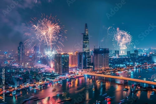 Celebration. Skyline with fireworks light up sky over Landmark 81 skyscraper in Ho Chi Minh City ( Saigon ) Vietnam. Beautiful night view cityscape. Holidays celebrating New Year and Tet holiday  photo
