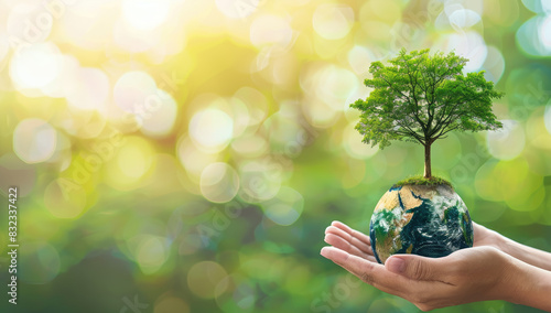 two hands holding the earth and tree, stock photo for world environment day concept, green background, copy space