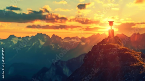 A lone glass sits atop a mountain peak as the sun sets behind it, casting a warm glow over the landscape.