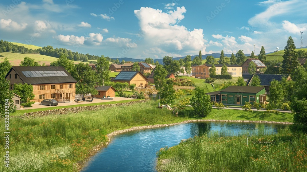Fototapeta premium A scenic view of a sustainable living community that uses bioenergy for all its heating and power needs. The community includes homes, a school, and small businesses, all benefiting from bioenergy.