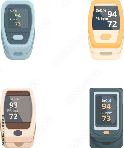 Collection of four digital pulse oximeters showing different oxygen saturation levels and pulse rates