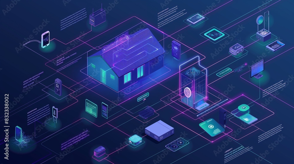 A schematic of an AI-secured smart home system, detailing interconnected devices and their security layers in a network diagram. A schematic of an AI-secured smart home system, detailing interconnected devices and their security layers in a network diagram.