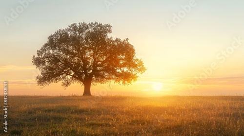 Wallpaper Mural A lone tree stands in a field at sunrise, bathed in golden light. The sky is a soft blue and the grass is a vibrant green. Torontodigital.ca