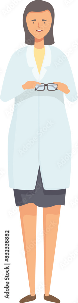 Confident young businesswoman standing with a smile. Holding glasses in a modern corporate attire. Vector illustration on a clean white background Confident young businesswoman standing with a smile. Holding glasses in a modern corporate attire. Vector illustration on a clean white background