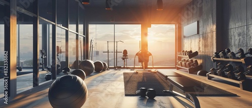 Spacious modern gym at sunrise with exercise equipment and city view from large glass windows, creating a motivational workout atmosphere. photo
