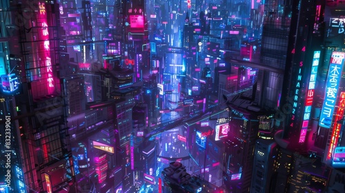 Cyberpunk Futuristic City panorama .Future Fiction with neon signs and lights. Cyberpunk city with futuristic buildings. Digital illustrations. 