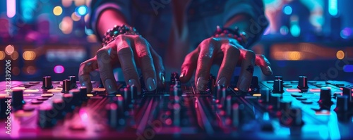 A DJ's hands on a mixing console, adjusting controls during a vibrant night event, illuminated by colorful lights in a lively atmosphere. photo
