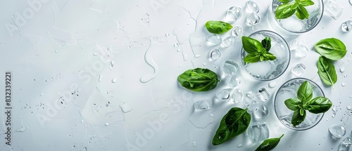 Refreshing basil leaves in sparkling water with ice cubes on a light background. Ideal for summer drinks and healthy cooking concepts.