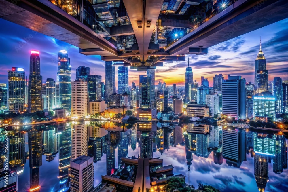 Obraz premium Skyscraper buildings in urban city, Bangkok, Thailand upside down at night in inception Sci-fi futuristic technology fantasy concept.