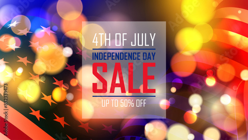 4th of July, Independence Day Sale commercial banner with American national flag and bright bokeh lights for shopping promotion and holiday sale advertising. Vector illustration.