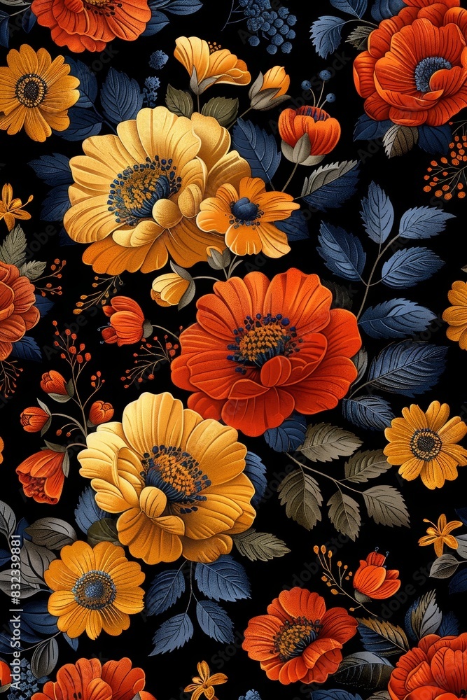 Black Background With Orange and Yellow Flowers