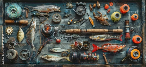 Fishing Gear and Tackle on Wooden Table