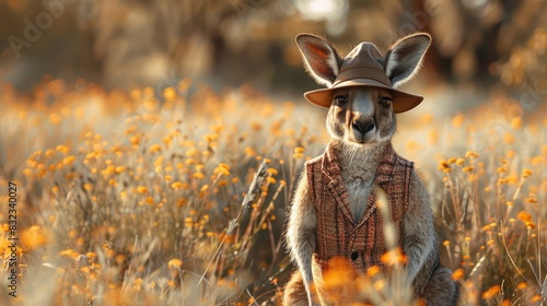 A kangaroo wearing a hat and vest is sitting in a field of flowers photo