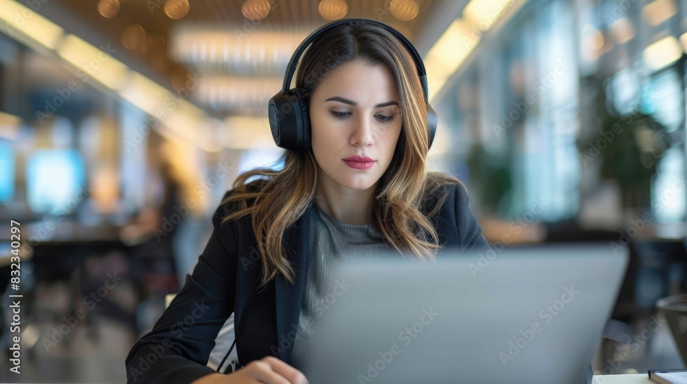 A businesswoman with headset sitting in office and working on laptop, Costumer service, Support staff, Call center A businesswoman with headset sitting in office and working on laptop, Costumer service, Support staff, Call center