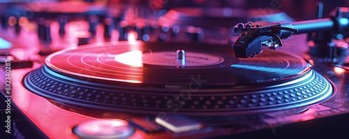 Close-up of a turntable with a vinyl record playing under vibrant purple and pink lights in a retro-themed music studio.