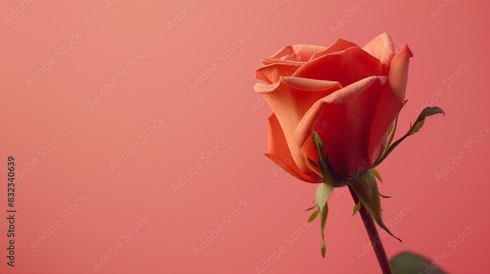 Obraz premium A single red rose love at first sight red pink background wall shadow close up copy space