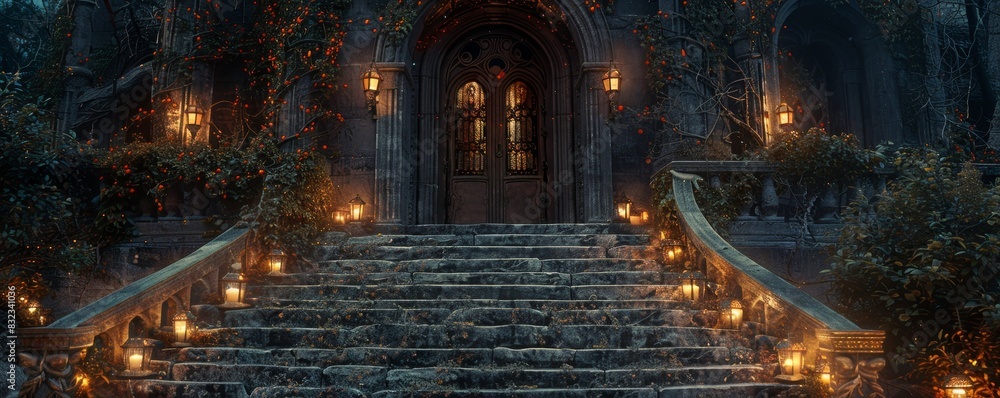 Enchanting old stone staircase leading to illuminated gothic mansion with glowing lanterns, surrounded by dark forest, evokes mystery and allure.