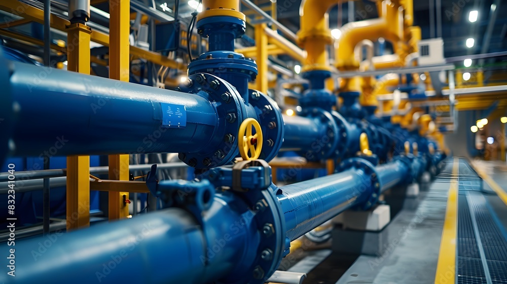 A row of blue industrial pipes and technology in an energy production facility, with yellow accents. High-tech machinery and equipment are visible along the wall behind them. A row of blue industrial pipes and technology in an energy production facility, with yellow accents. High-tech machinery and equipment are visible along the wall behind them.
