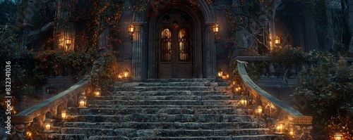 Enchanting old stone staircase leading to illuminated gothic mansion with glowing lanterns  surrounded by dark forest  evokes mystery and allure.