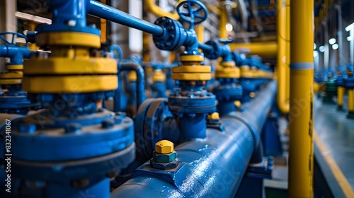 A row of blue industrial pipes and technology in an energy production facility, with yellow accents. High-tech machinery and equipment are visible along the wall behind them. 