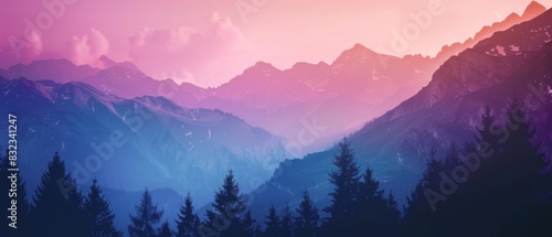 A stunning sunset over majestic mountain peaks with a vibrant gradient sky, overlooking a serene forest in the foreground. photo