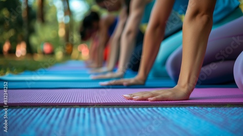 Group practicing outdoor yoga on colorful mats in serene park. Focus on hands and relaxation, enhancing wellness and mental clarity. photo