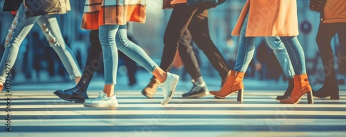 Group of people walking across a city street on a sunny day, showcasing diverse fashion styles and vibrant urban life atmosphere.