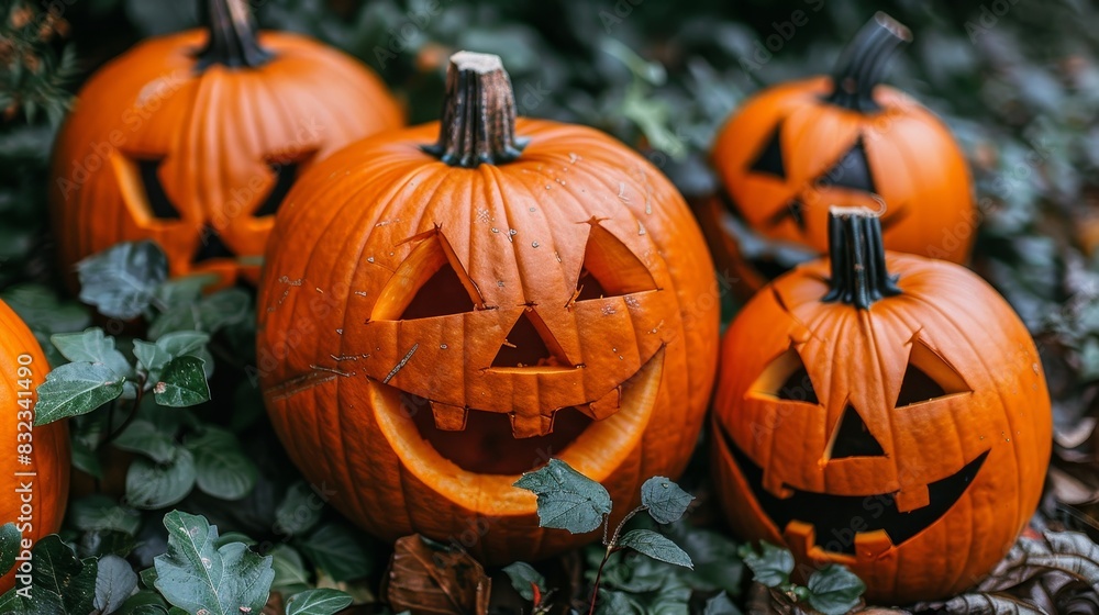 Stack of eerie jack o lanterns with intricately carved spooky faces for halloween Stack of eerie jack o lanterns with intricately carved spooky faces for halloween