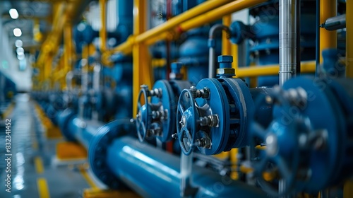 A row of blue industrial pipes and technology in an energy production facility, with yellow accents. High-tech machinery and equipment are visible along the wall behind them.  © horizon