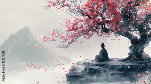 Create a serene scene of peaceful solitude in a minimalist digital artwork. Illustrate a solitary figure enjoying a quiet moment amidst blooming flowers or beneath the shade of a blossoming tree. Use