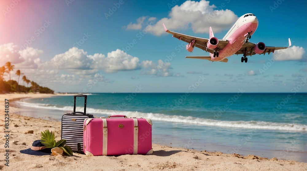 Suitcases on a tropical beach plane in the sky. Concept: search for airline tickets, low cost, summer destinations, travel, luggage Suitcases on a tropical beach plane in the sky. Concept: search for airline tickets, low cost, summer destinations, travel, luggage