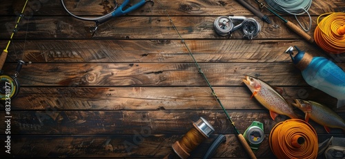 Assorted Fishing Gear on Rustic Wood photo