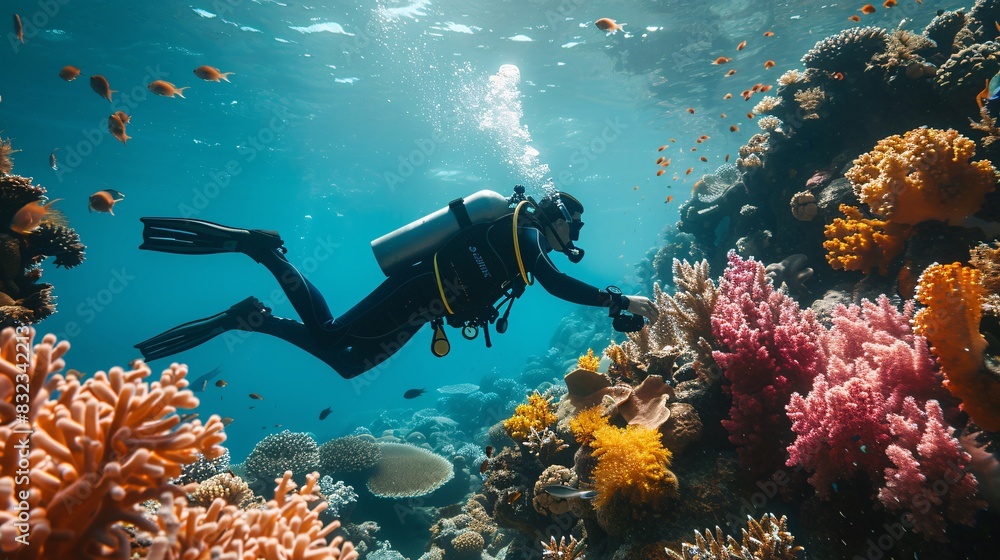 Fototapeta premium A scuba diver exploring a coral reef
