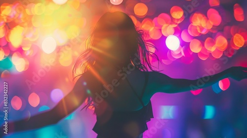 Silhouette of a woman dancing at a vibrant nightclub, illuminated by colorful bokeh lights, exuding an energetic and lively atmosphere.