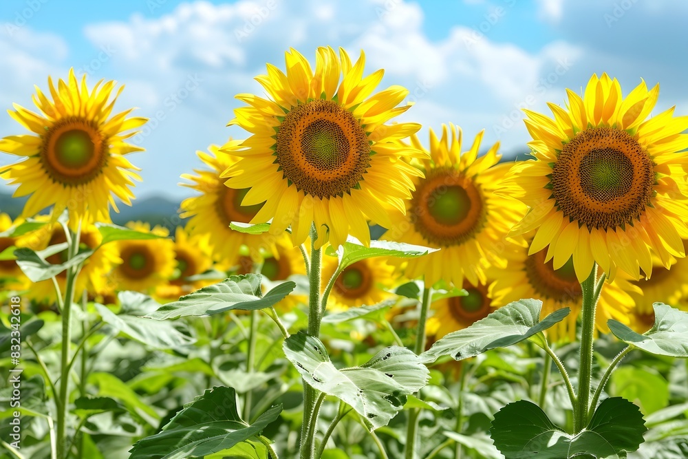Vibrant Sunflower Field Under Bright Blue Sky in Summertime