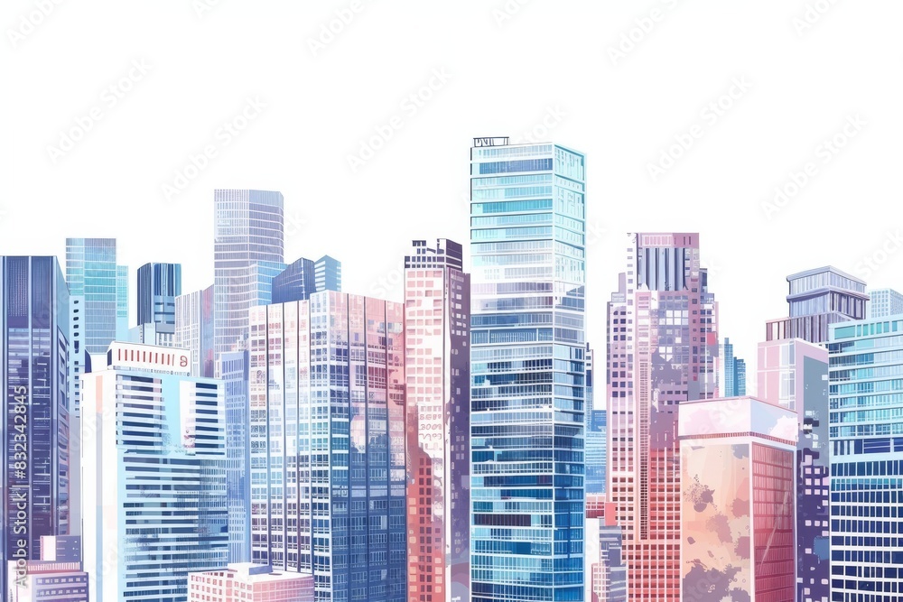 Modern City illustration isolated at white with space for text. Success in business international corporations Skyscrapers banks and office buildings. 