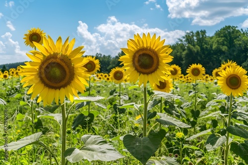 Sun Kissed Sunflower Field in Lush Countryside Landscape