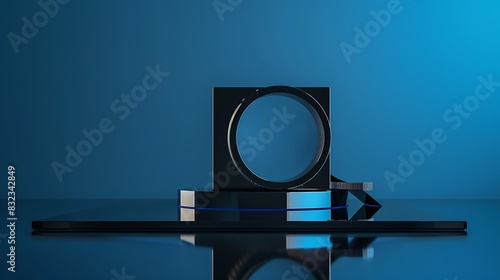 A modern lensometer with a sleek design, placed on a glossy black table. The background is deep blue. 8k, realistic, full ultra HD, high resolution and cinematic photography photo