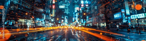 Vibrant city street at night with bright neon lights and motion blur, capturing the essence of urban life and fast-paced city vibe.