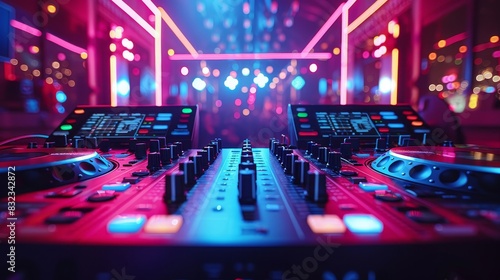 Wallpaper Mural Vibrant DJ booth with colorful lights and mixing equipment in a nightclub setting. Perfect for music events, parties, and nightlife imagery. Torontodigital.ca