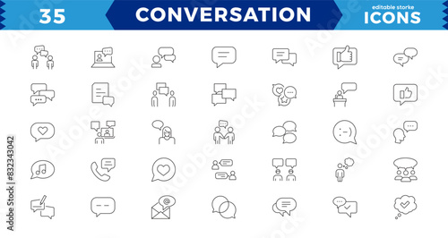 Dialogue, communication,Approved, Checkmark box and Social media message. Chat and quote line icons. Chat speech bubble, conversation or chatting related editable stroke outline icon.