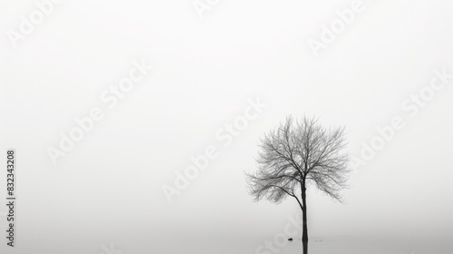 Lonely single deciduous trees without leaves minimalist white foggy mirror reflective lake sky background copy space
