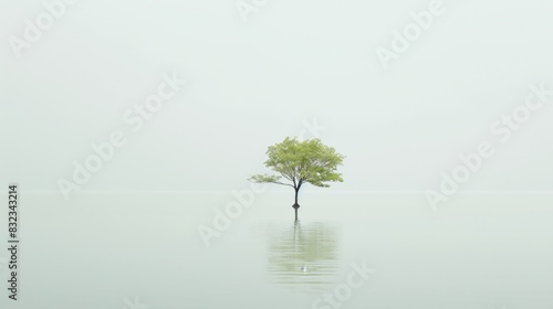 Lonely single trees on white foggy mirror reflective lake sky background minimalist copy space