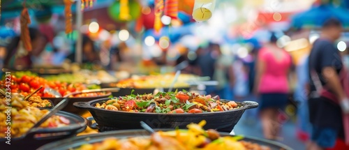 Colorful and vibrant street food market with various dishes on display, capturing the essence of local cuisine and culinary culture. photo