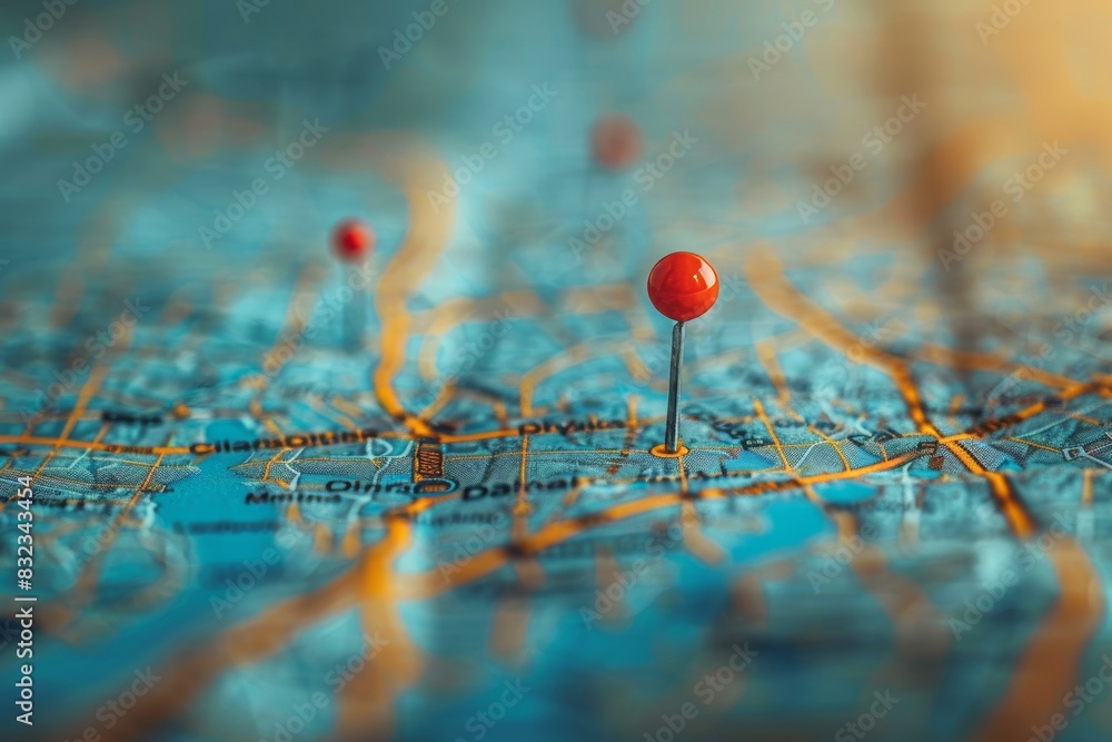 One big abstract pin icon on the city map with a few small pins. Transportation delivery map location transport logistics tourism navigation concept. Gps navigation new location. Blue background One big abstract pin icon on the city map with a few small pins. Transportation delivery map location transport logistics tourism navigation concept. Gps navigation new location. Blue background