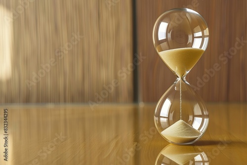 An hourglass timer sits on a wooden table.